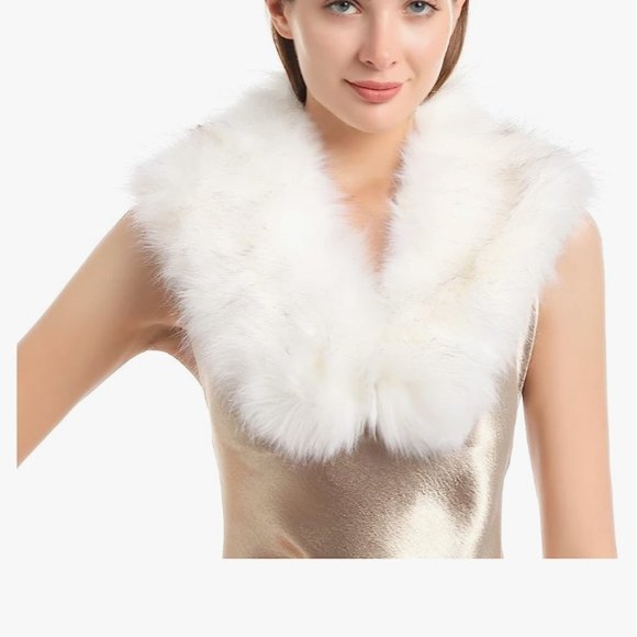 Accessories - White w Brown Tips Women's Faux Fur Collar Scarf Wrap Cold Winter Warmer